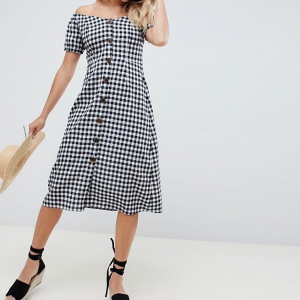 ASOS black white gingham dress button off shoulder